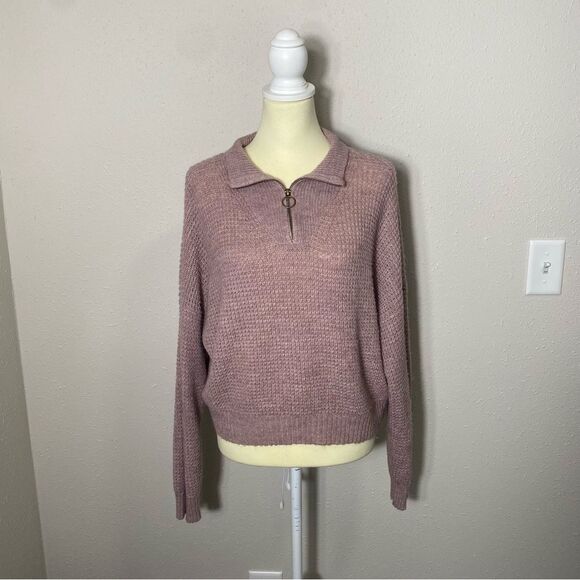 American Eagle Blush Pink Waflle Knit Wool Blend 1/4 Zip Sweater Women's Size L - Picture 13 of 16